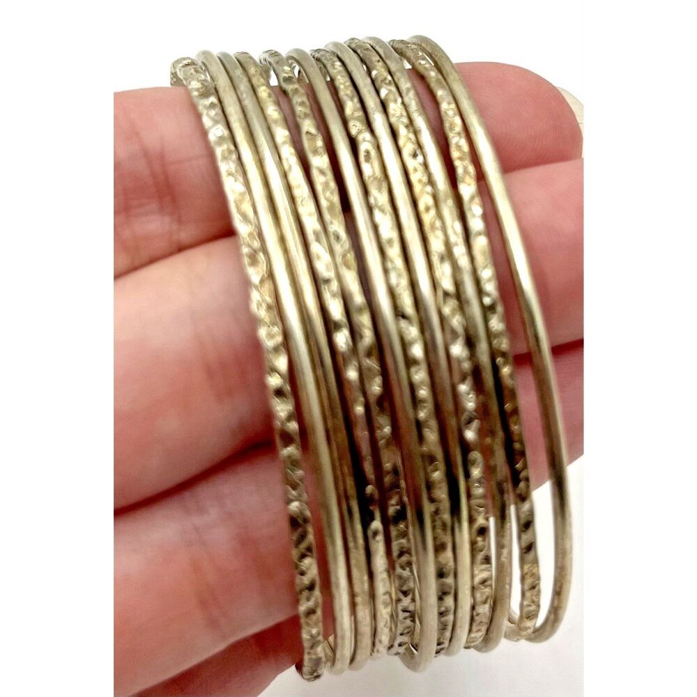 Set of 12 Silver Tone Bangle Bracelets Vintage Textured Hammered Bohemian